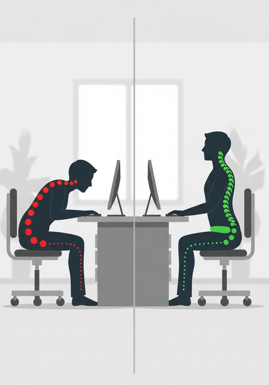 Postura incorreta e postura correta ao computador